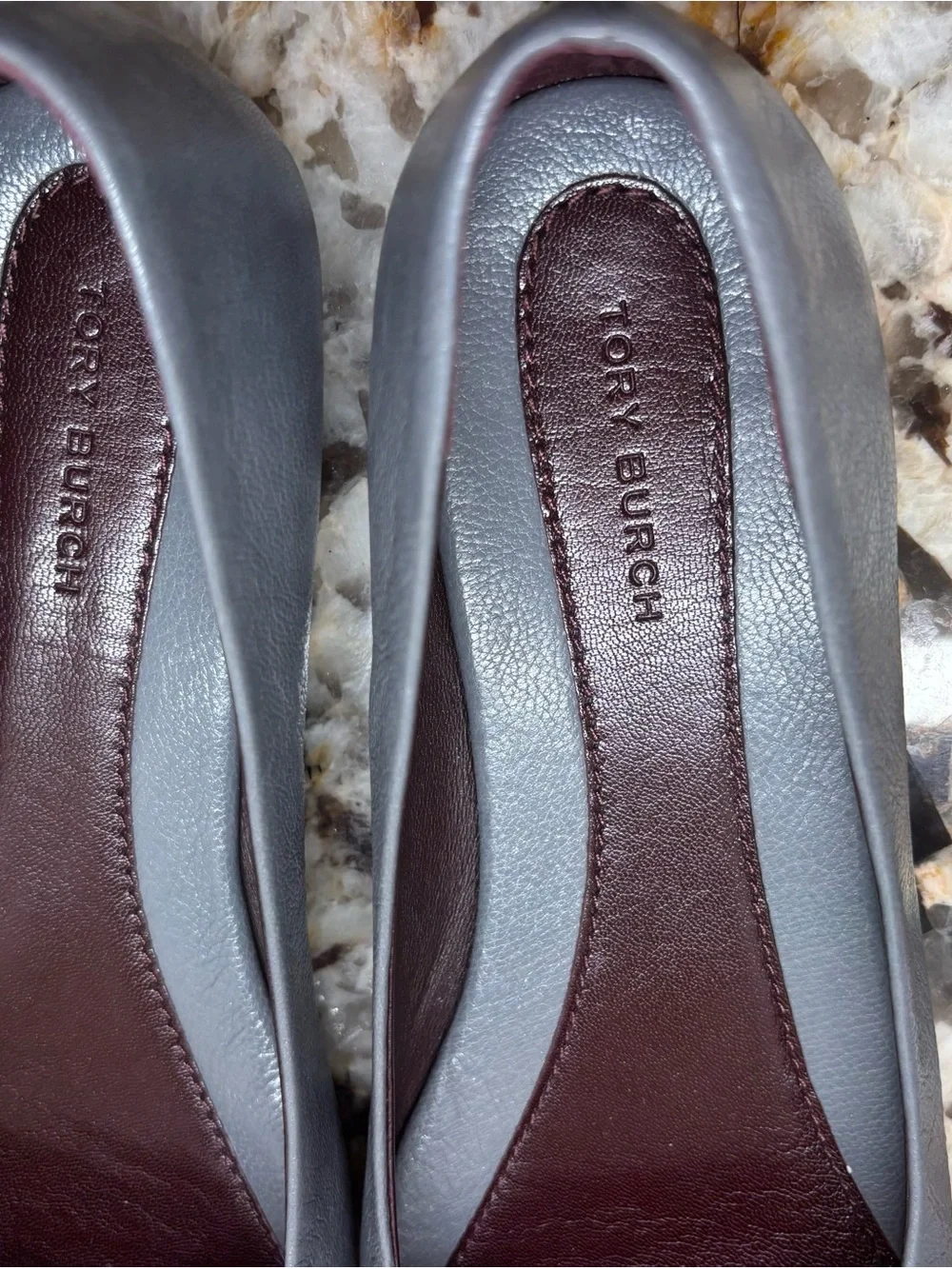 Tory Burch Gray Leather Logo Ballet Flats with Gold-Tone Accent